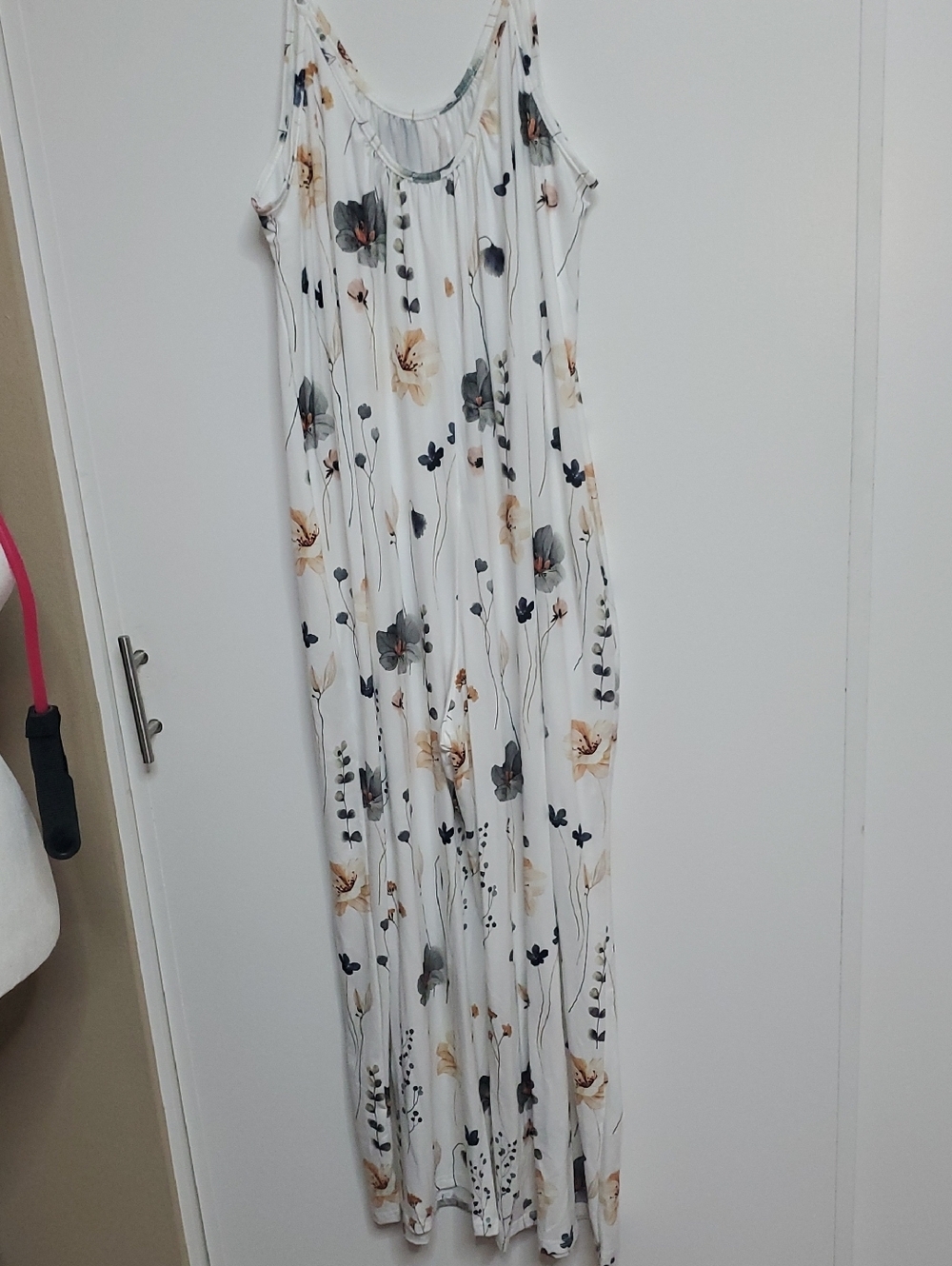 White Floral Maxi Jump Suit Overall with Beige & Gray Blooms